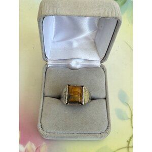 Vintage 60s Wallace Mfg. Sterling Square Tigers Eye Ring Sz 8 3/4